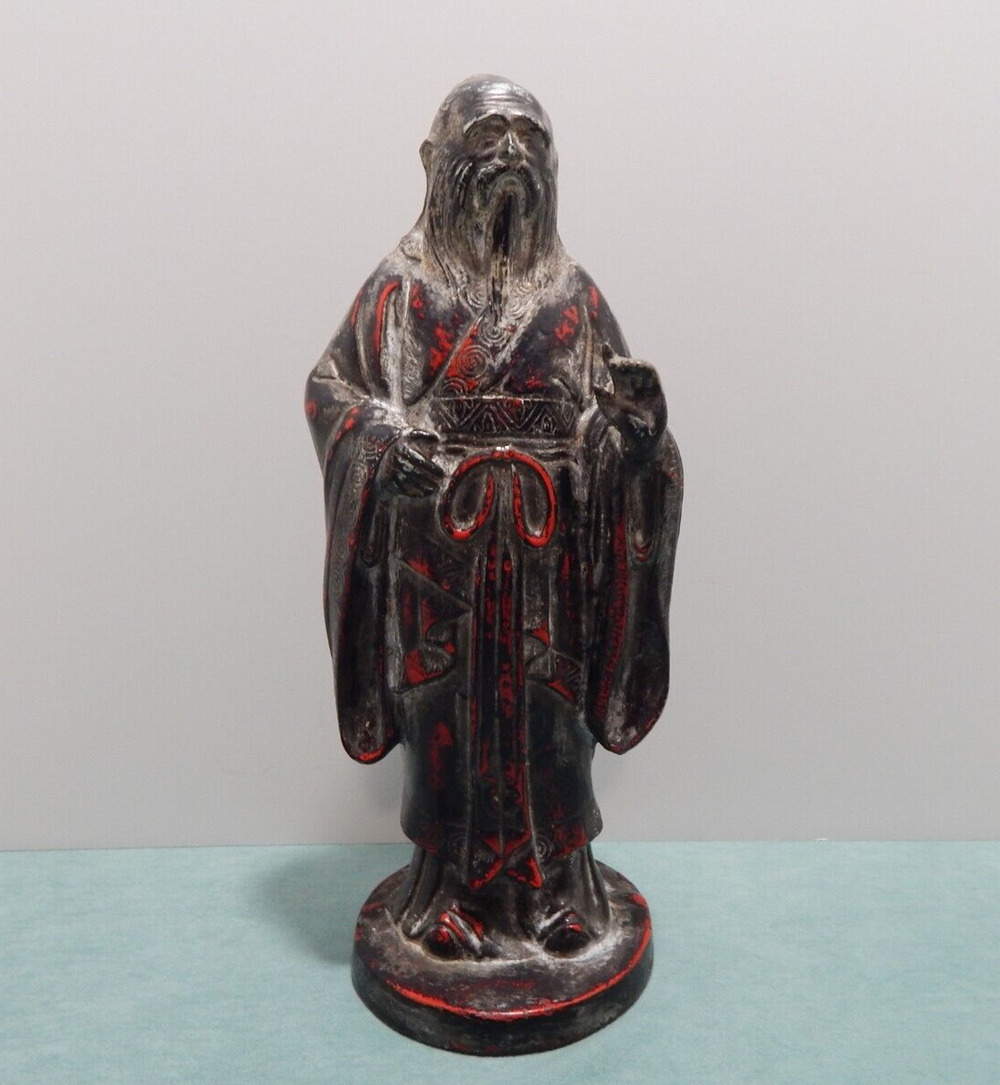 Antique Cast Iron Door Stop Confucius Statue Red Black 14" Tall